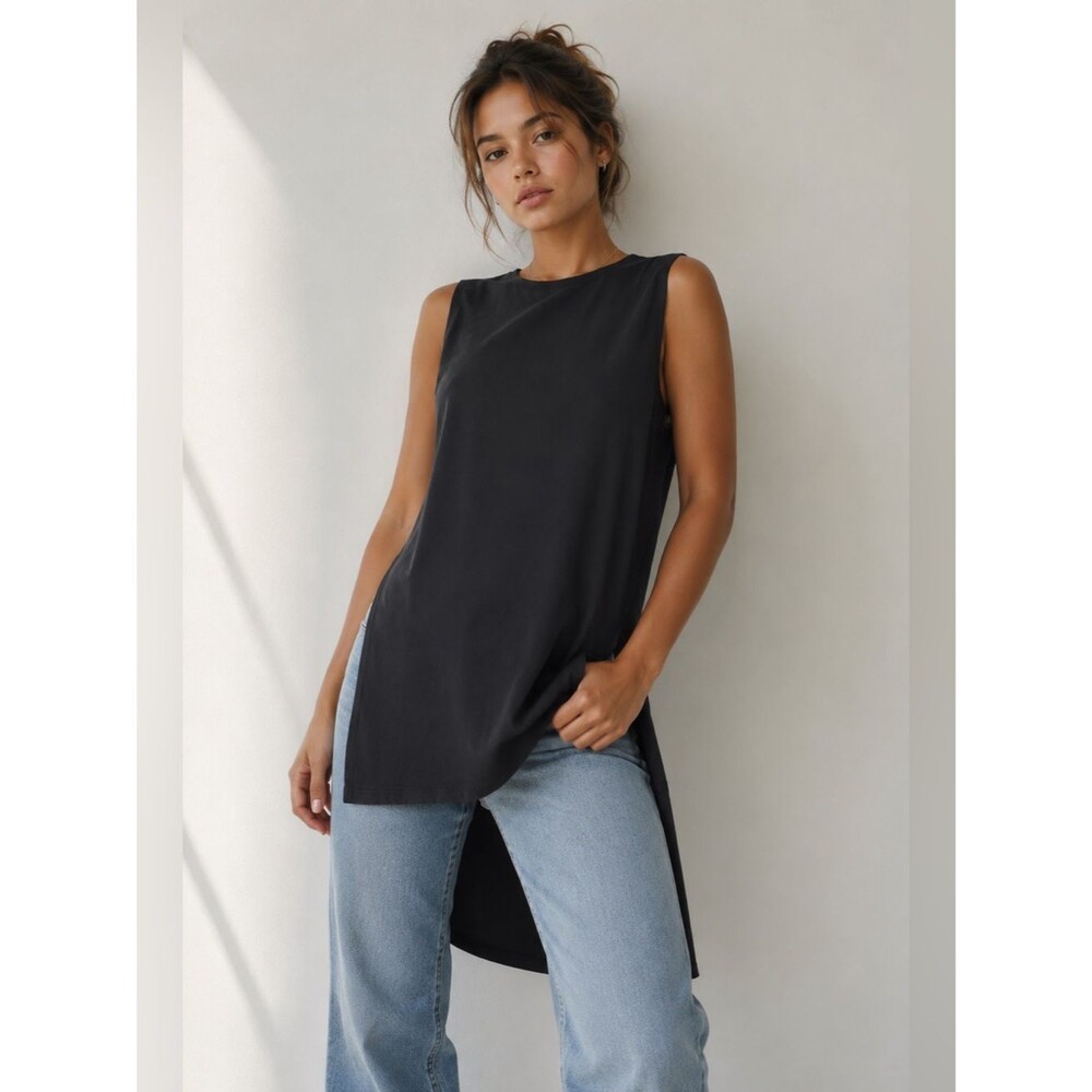 Go Silk Back Split Longline Tunic Top Black Elegant Classic Business Casual